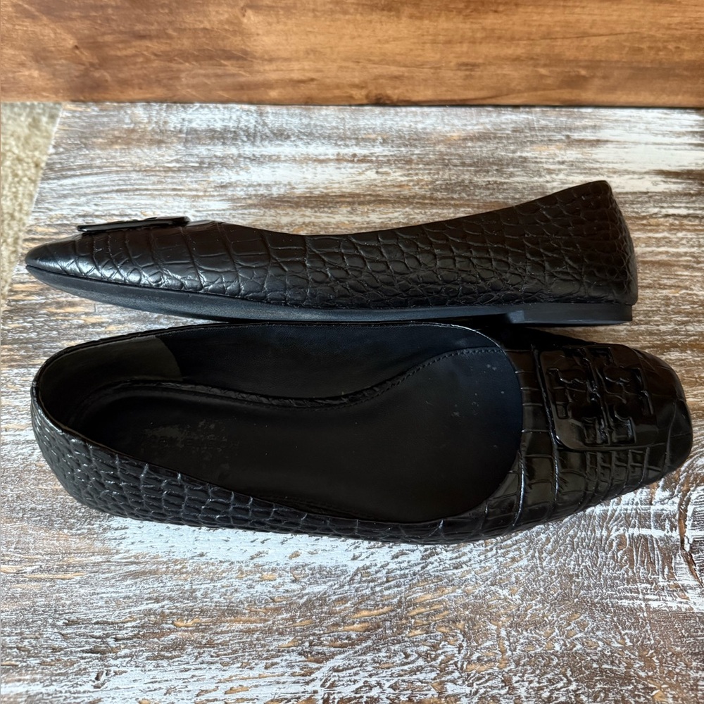 Tory Burch Perfect Blk Georgia Ballet Flats‎ Croc Patent Leather Square Toe 8.5 - Picture 7 of 10
